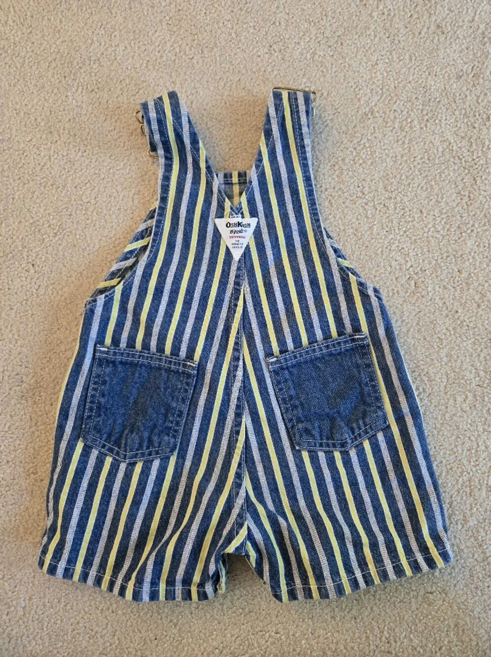 OshKosh B'gosh Vintage 1990s Blue Yellow Denim Striped Onesie Overalls Shorts